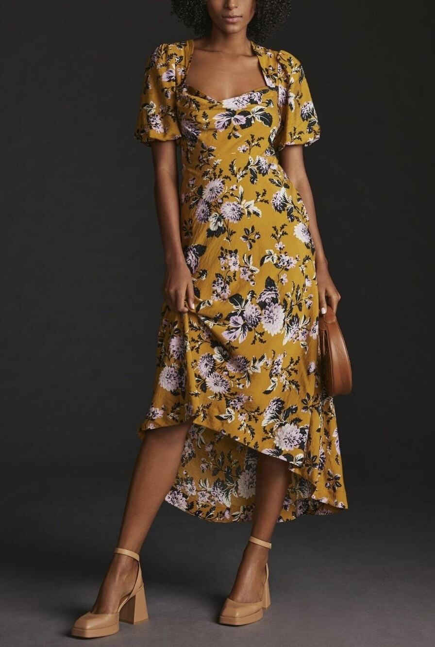 Maeve Dress Womens 6P Mustard Floral Puff Sleeves Cowl Neck Hi Low Hem Boho